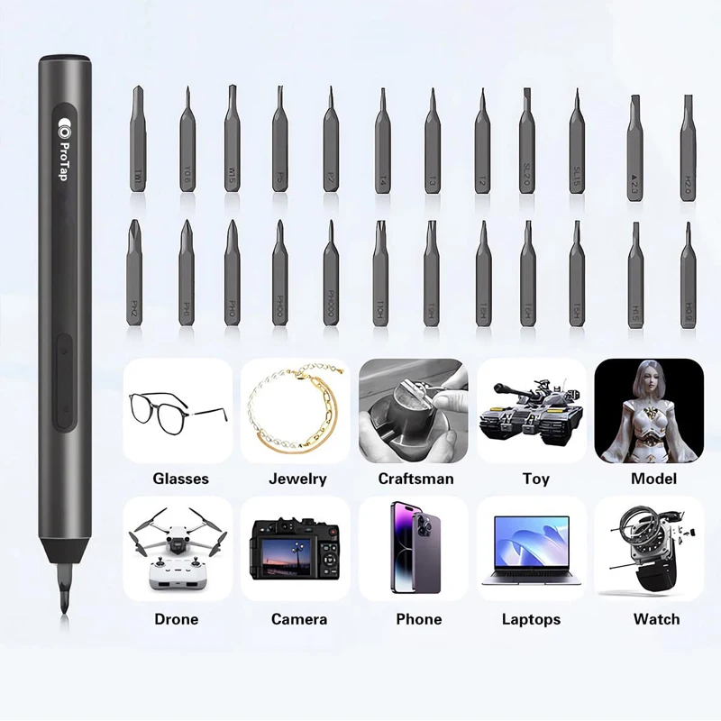 ProTap 25-in-1 Precision Electric Screwdriver Set USB Rechargeable Steel Bits Cordless Repair Multi-functional Power Tools