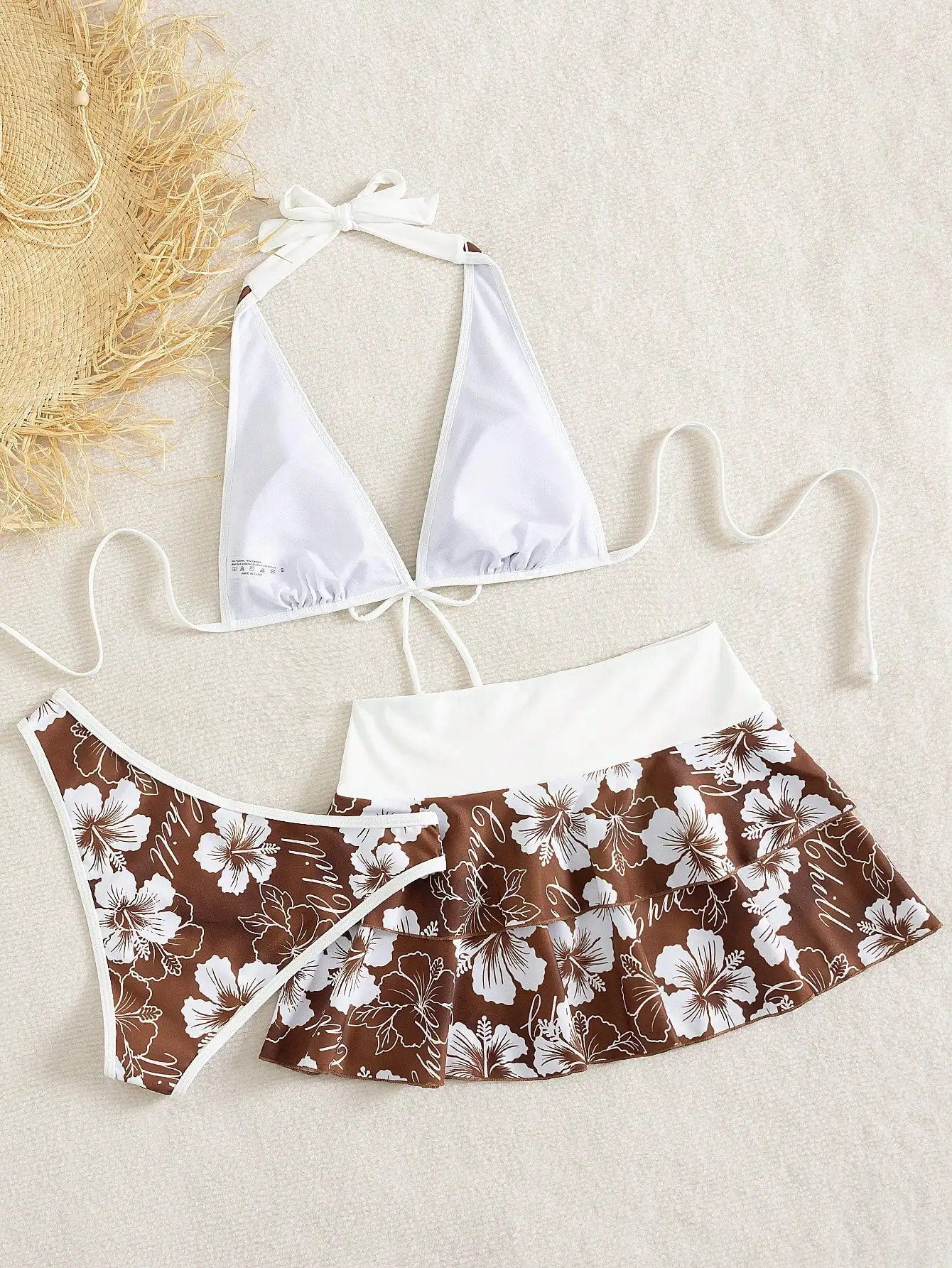 

Women's Floral Print Halter Bikini 3-Piece Set With Skirt Beach Vacation Swimwear