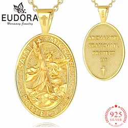 Eudora 925 Sterling Silver Saint Michael Archangel Necklace 18K Gold Cross Amulet Pendant Men Women Religious Jewelry Gifts