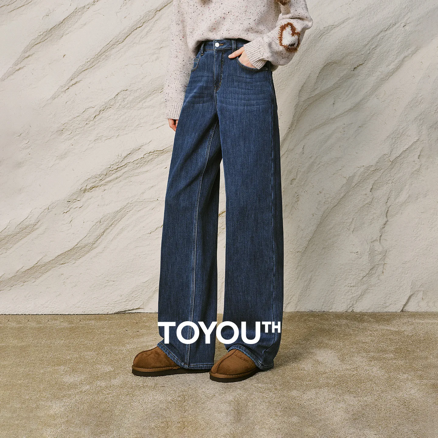 TOYOUTH Women Jeans 2026 Winter New Fleece Lined Vintage Washed Dark Blue Warm Mid Rise Long Pants