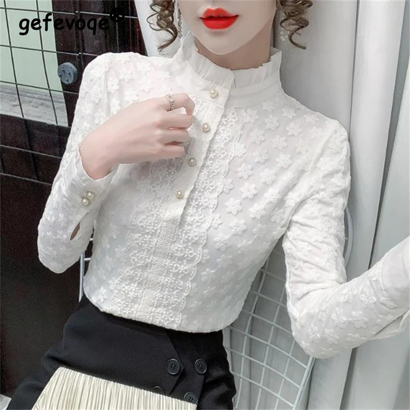 Women\'s Korean Fashion Ruffled Lace Chic Elegant Blouse Autumn Winter Half High Collar Plush Shirt Solid Long Sleeve Slim Tops