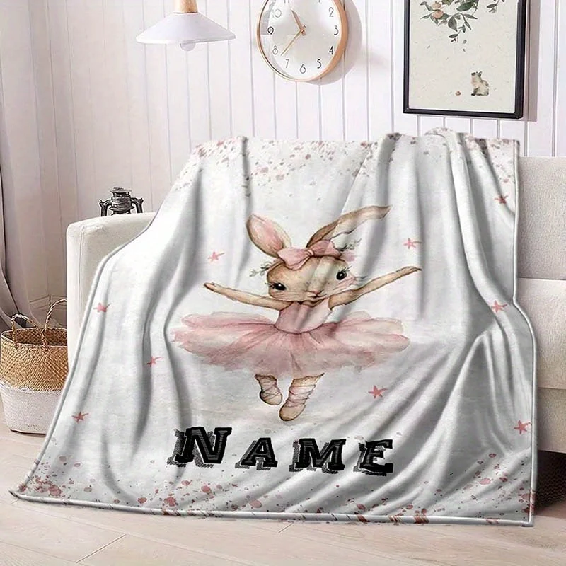 Custom Ballerina Bunny Blanket Pink Tutu Rabbit Design Personalized Name Fleece Throw All Season Soft Warm Kids Bedding Gift