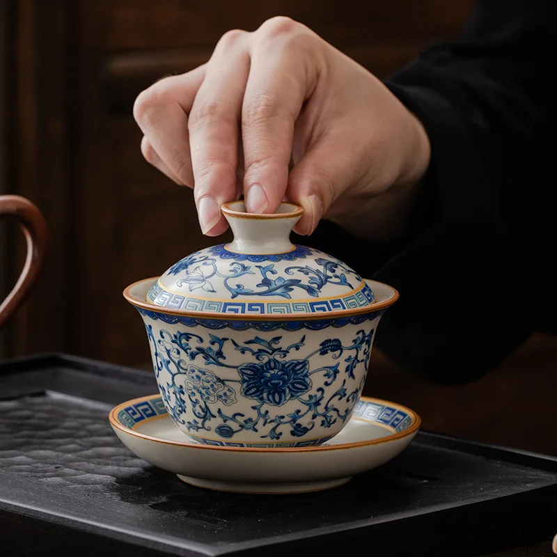 Blue and White Ru Ware Sancai Gaiwan Tea Cup Single High-End Household Chinese Kung Fu Set with Lid Brewing Bowl