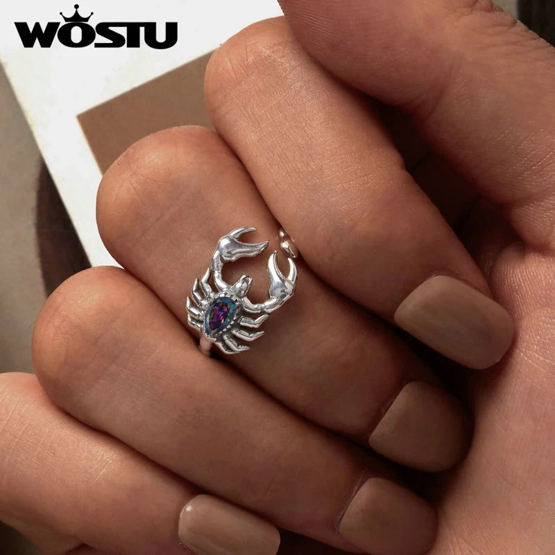 WOSTU 925 Sterling Silver Retro Scorpion Rings Women Creative Desert Animal Rainbow Mystic Crystal Punk Ring Girl Hip Hop Gift