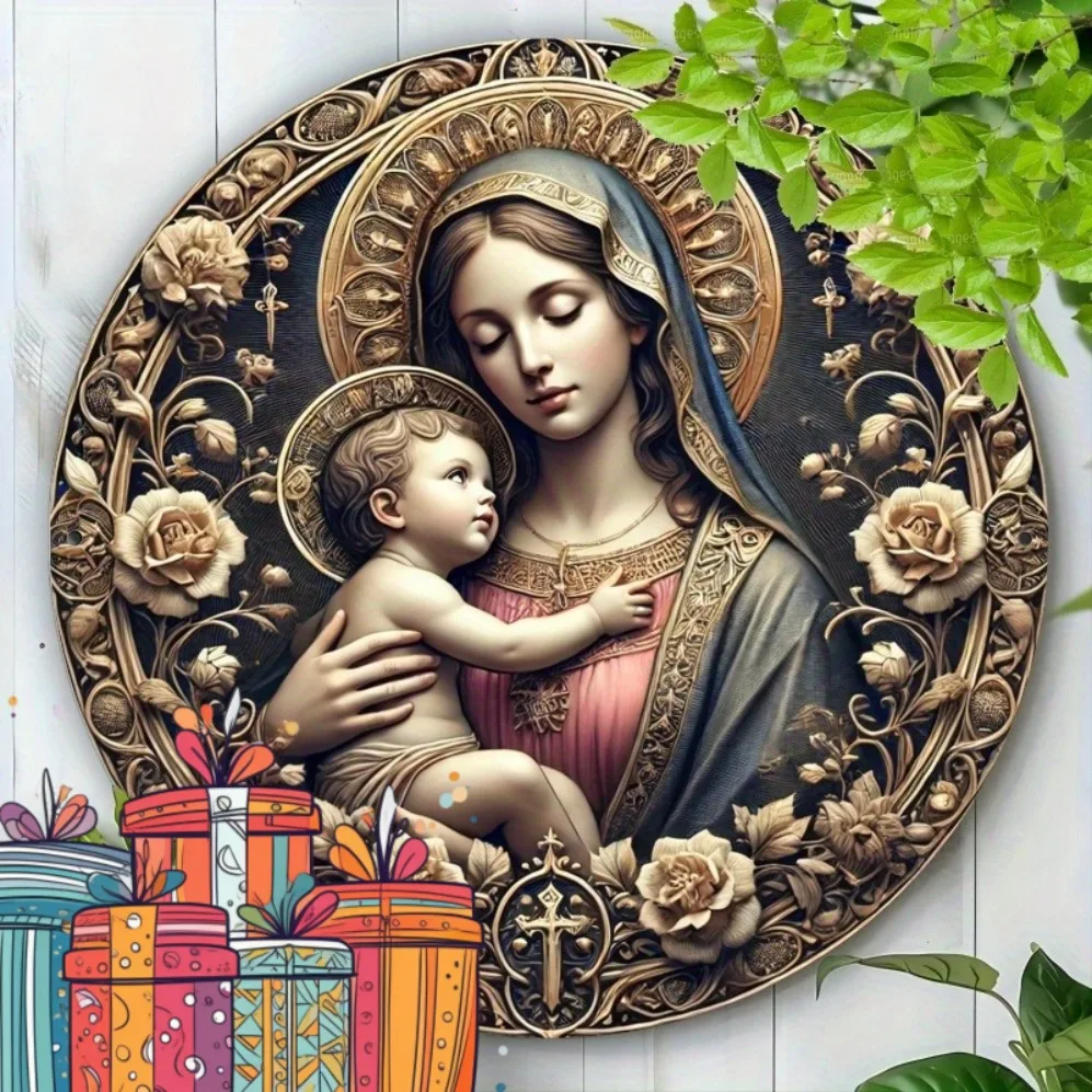 Letrero de metal decorativo con tema de la Virgen María y el bebé Jesús, para decoración del hogar, arte de pared, regalo religioso, colgante de pared de metal