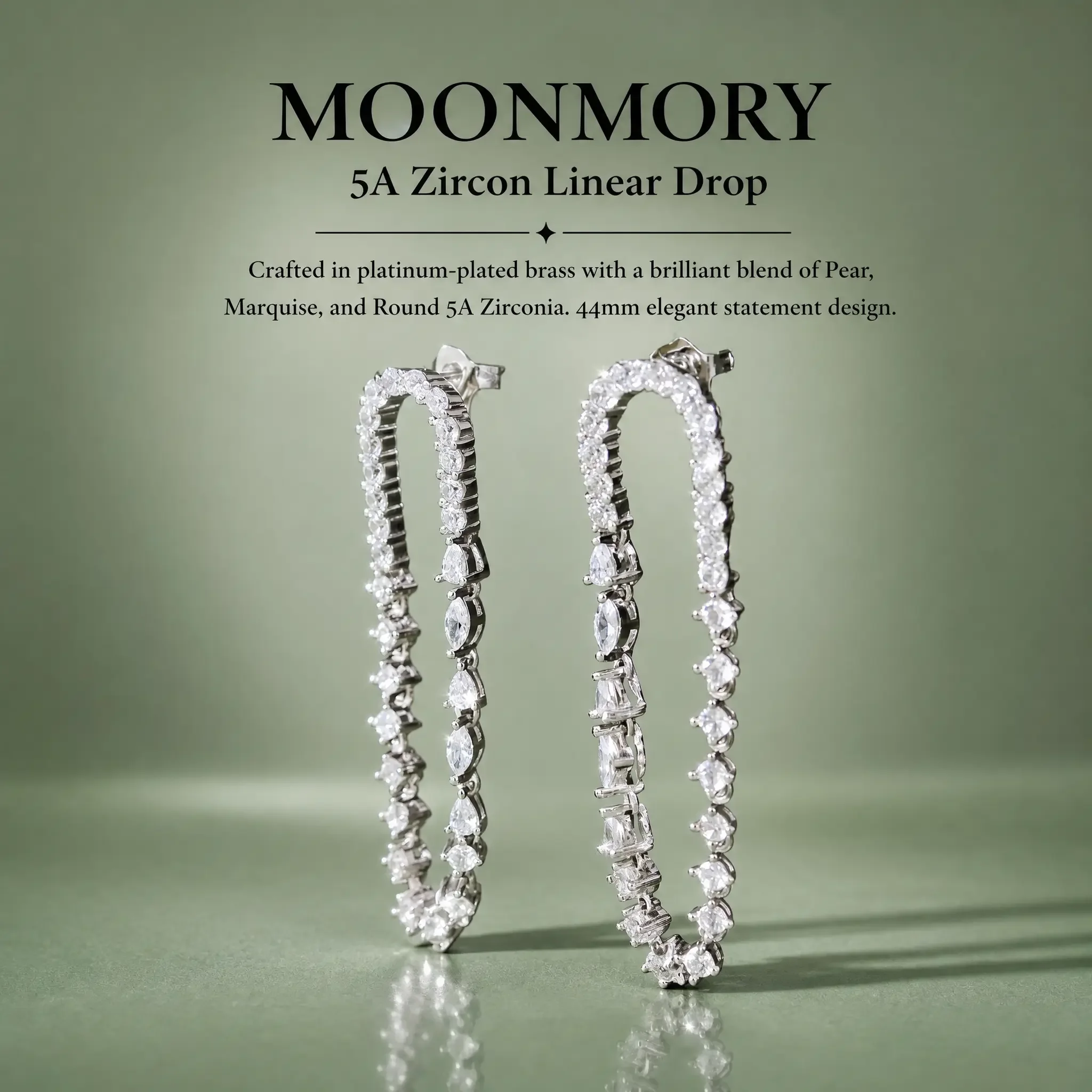 Moonmory Einzigartiges Design Lange 5A Birnen-, Marquise- und Runde Kubische Zirkonia Hängeohrringe für Damen Luxusmarken Messing 44mm Ohrringe – Detail 7