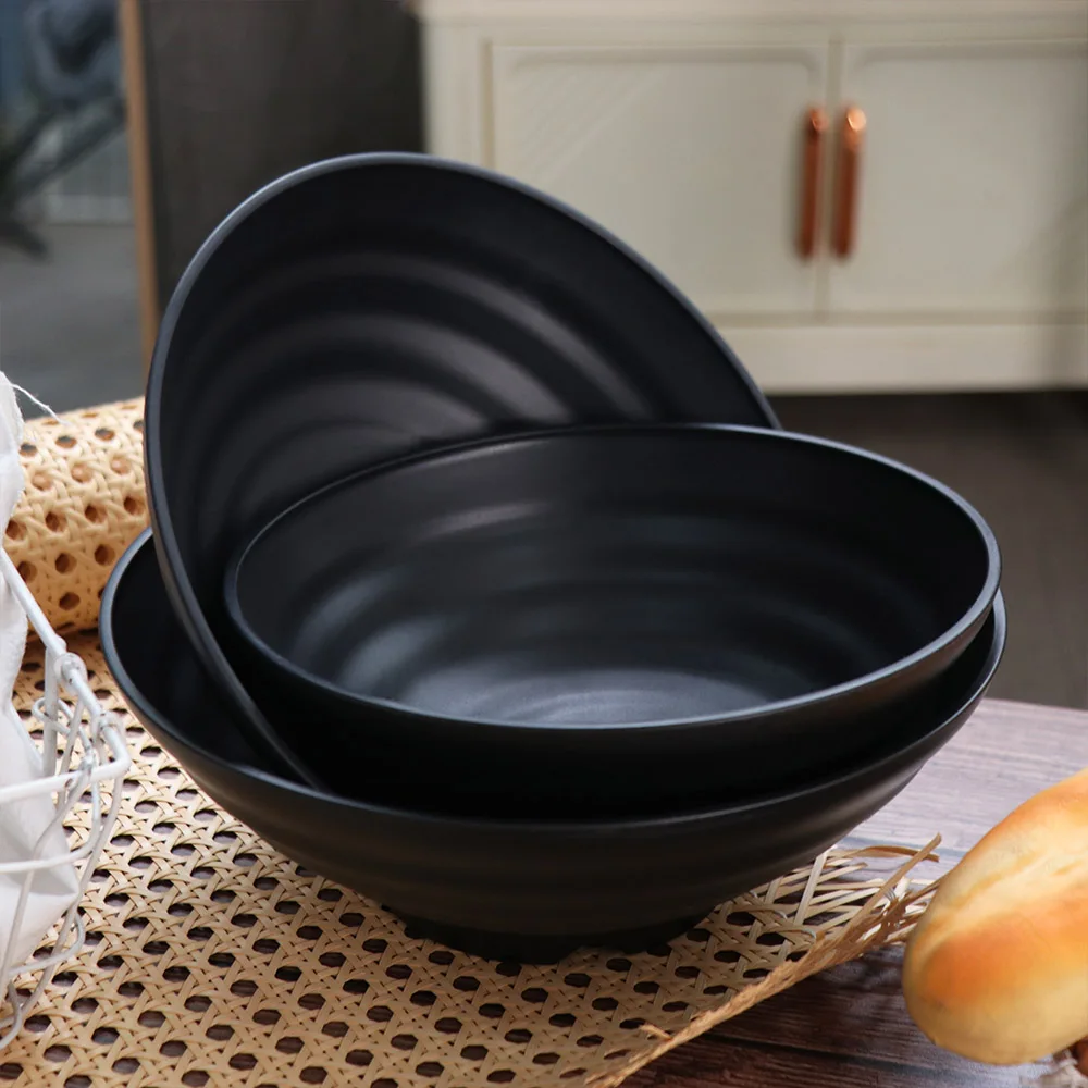 Melamine Ramen Bowl Pure Black Japanese Style Fruit Salad Bowl Large Capacity High Temperature Resistance Noodle Bowl Rice