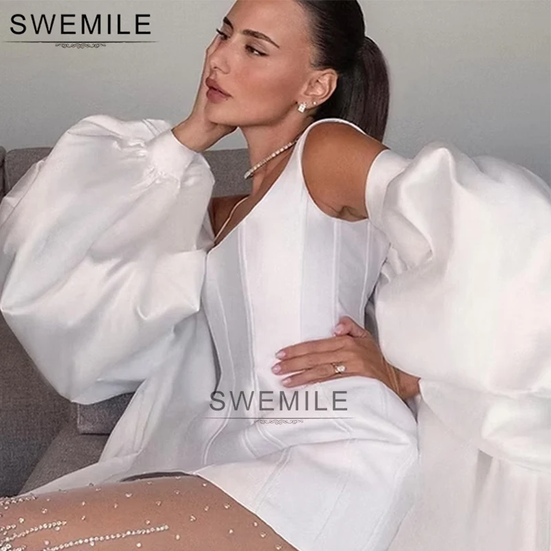 

SWEMILE Mini Wedding Dresses Shawl 2 Pieces Satin Long Sleeves Wrap Short Straps Bridal Gowns Formal Square Collar Bride Dress