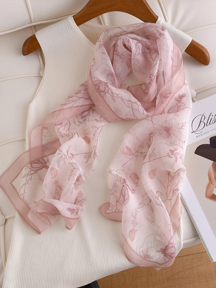 ピンクシルクロングスカーフ女性の新しい2026夏の首保護マルベリーシルク薄い細いスカーフショール軽量韓国スタイル