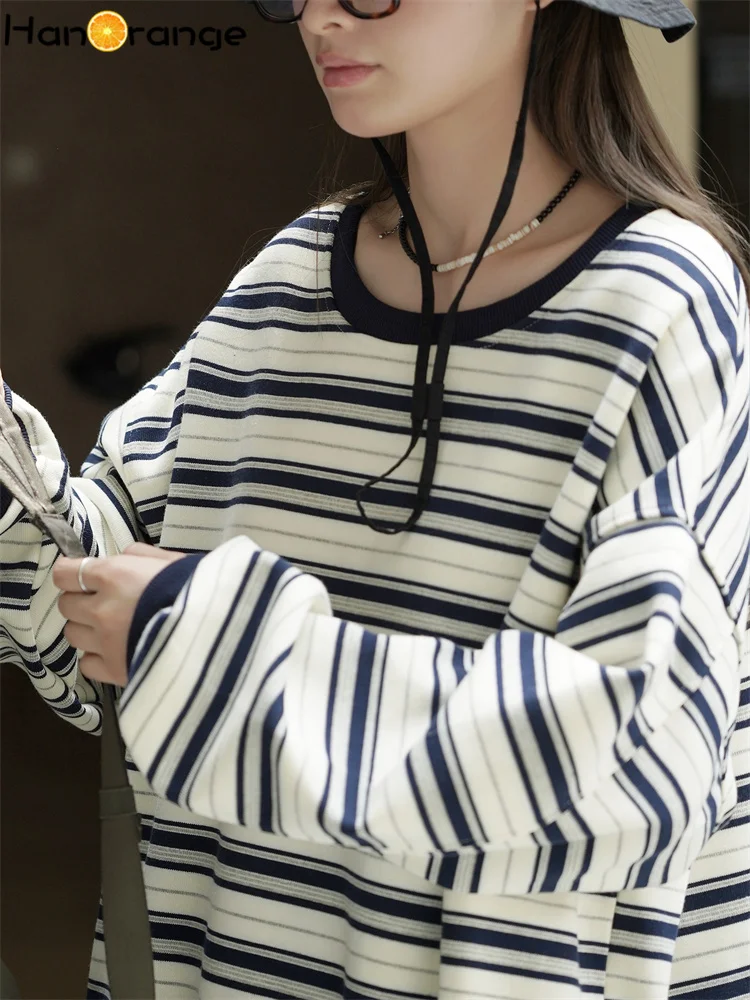 HanOrange 2025 Autumn Fashion Contrasting Bold Stripes Sweatshirt Women Loose Silhouette Top