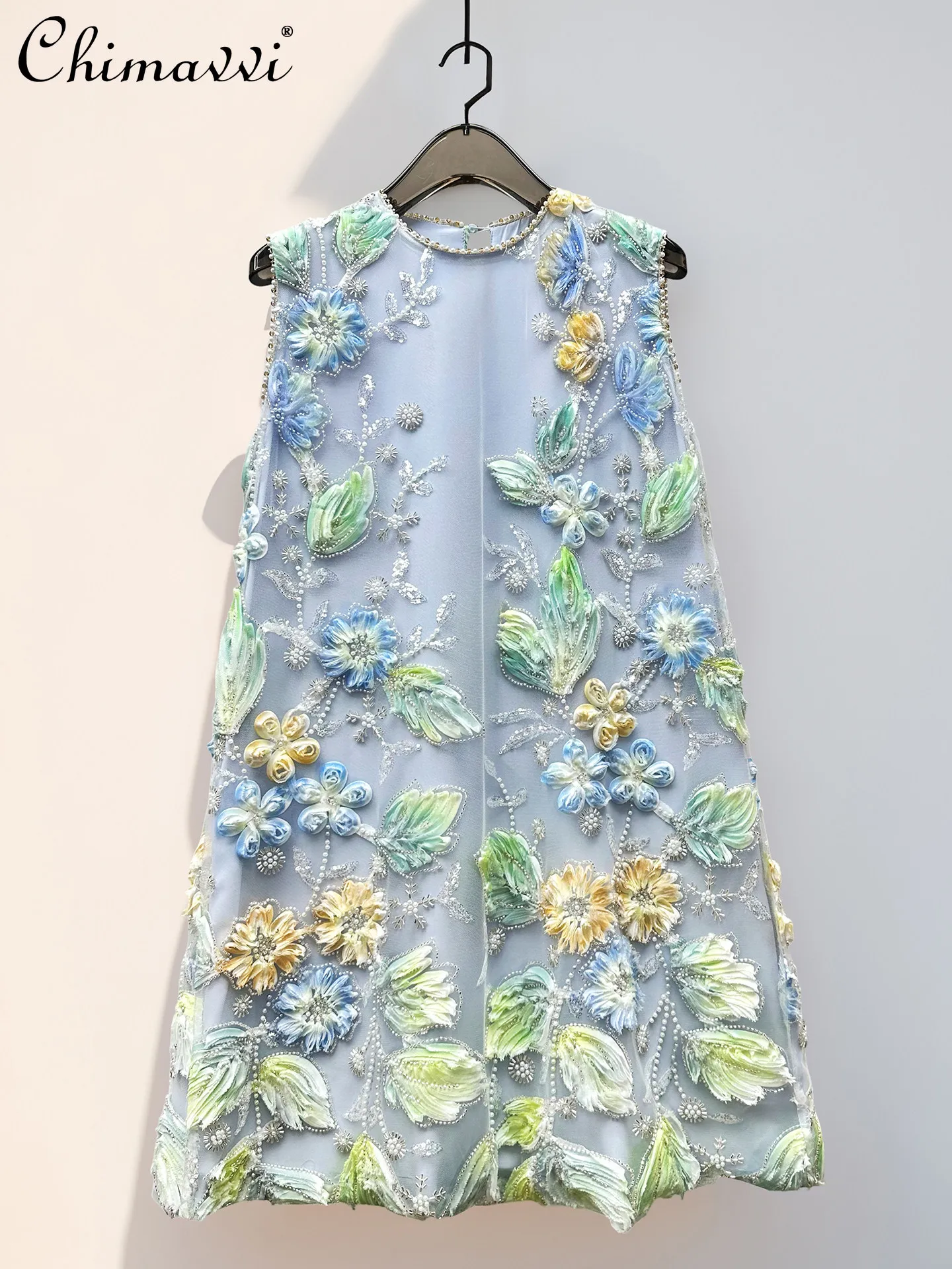 

French Elegant Fashion Socialite Party Dress Bead Sequins 3D Flower Crew Neck Sleeveless High Waist A-line Short Dress For Women