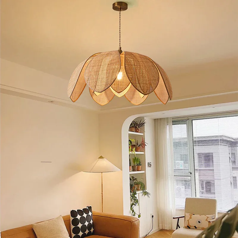 Lampa wisząca w kształcie płatka w stylu chińskim, ręcznie robiona lampa rattanowa, designerski abażur w kształcie płatka, minimalistyczne lampy do