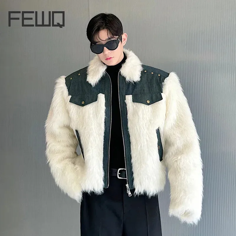 FEWQ Men's Faux Fur Coats Turn-down Collar Niche Design Denim Patchwork Fake Mink Hair Loose Male Jackets Autumn Winter 9C8187