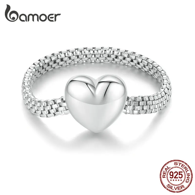 BAMOER 925 Sterling Silver Simulated Heart-shaped Chain Engagement Ring Fine Jewelry Gift Promise Bridal Ring BSR422