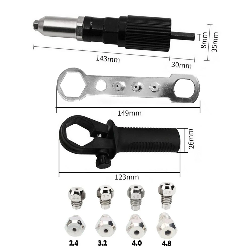 Adattatore per pistola per rivetti elettrici con punta per rivetto da 2.4/3.2/4.0/4.8mm di diametro e chiave per impugnatura