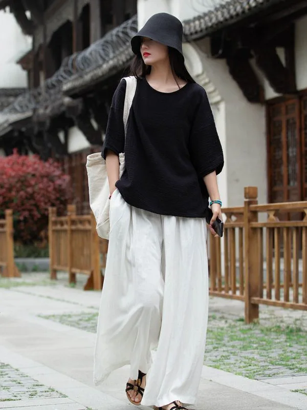 2026 Autumnal Double Layered Bamboo Textured Loose Batwing Cotton Linen Set Women's Minimalist Zen Style Top Casual Wear