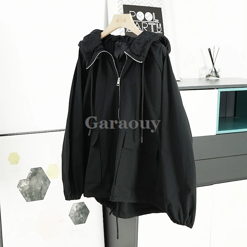 Garaouy Spring And Summer 2024 New Women\'s Zippers Bomber Jacket Vintage Pocket Loose Hooded Coat Women