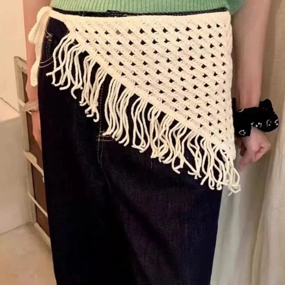 

New Adjustable Hollow-Out Mini Skirt Hand-knitting Y2K Streetwear Triangle Scarf Fringe Trim Waist Hip Wrap Travel Accessory