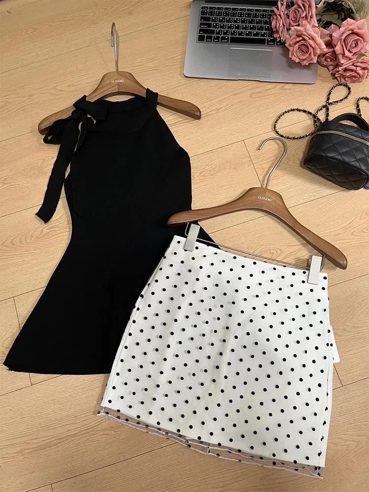 American Style Women Outfits 2 Piece Skirts Set O-Neck Bow Off Shoulder Tank Top + New Design Polka Dot Slim Wrap Hip Mini Skirt