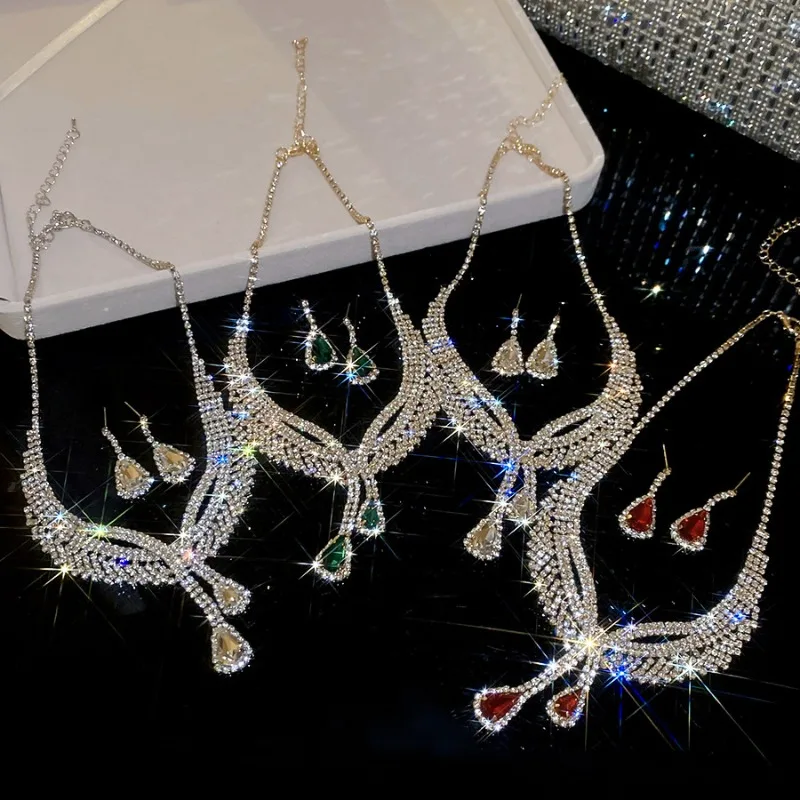 

Minar Korea Full Rhinestones Water Drop Tassel Jewelry Sets for Women Gold Silver Iron Alloy Pendant Necklaces Dangle Earrings