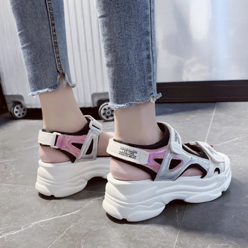 Multicolored Sandals 2024 Summer Female Shoe Bling Bling Clogs With Heel Muffins shoe Sports Girls Bright New Low Thick Gladiato