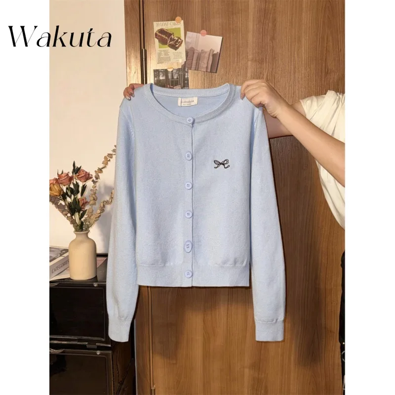 WAKUTA Japanese Classic Round Neck Long Sleeved Blue Knitted Cardigan Chic Bow Autumn Style Small Woolen Tees Casual Zipper Tank