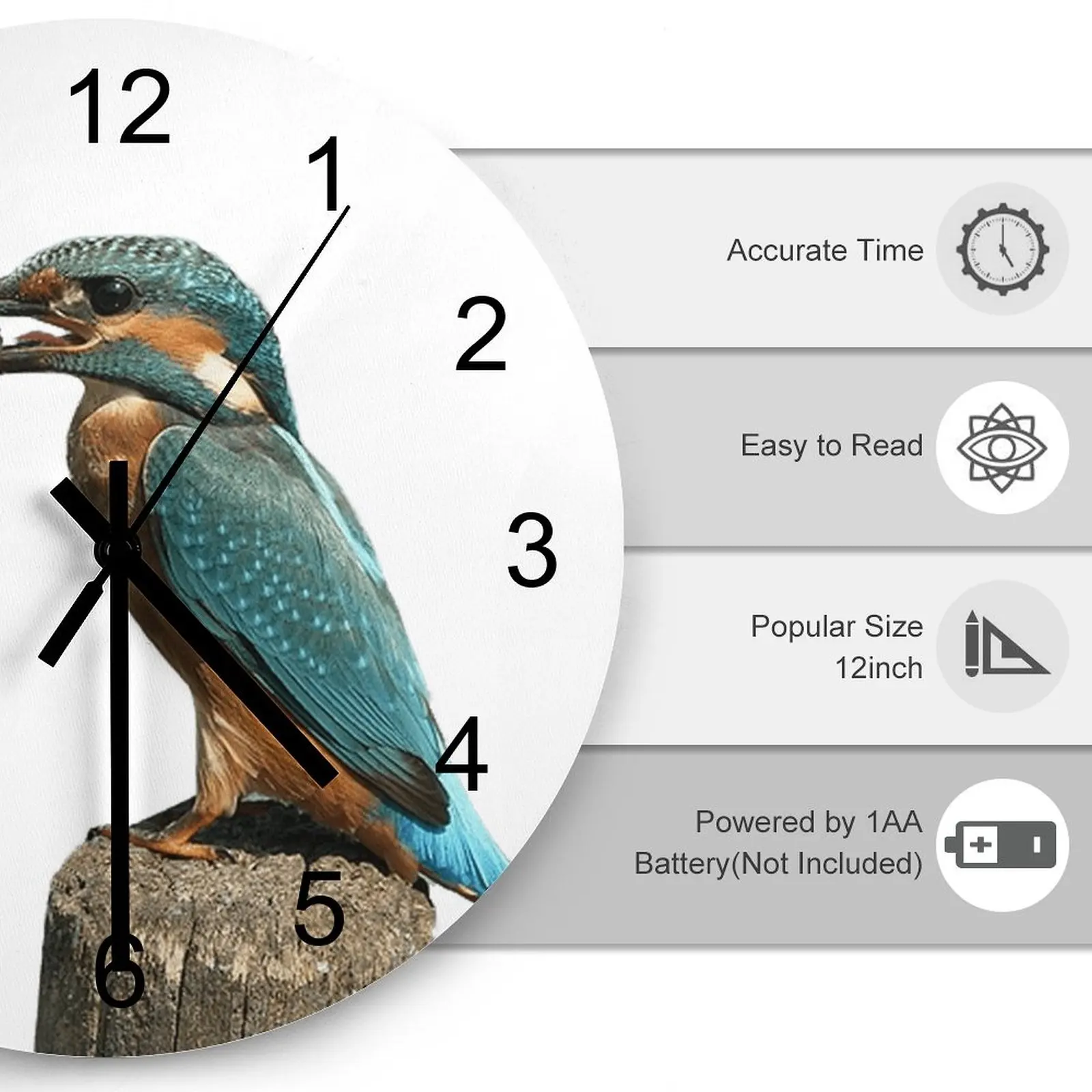 Hallway Wall Clock Birds catch fish Clocks 12 inch Silent Wood Round 3D Display Novelty