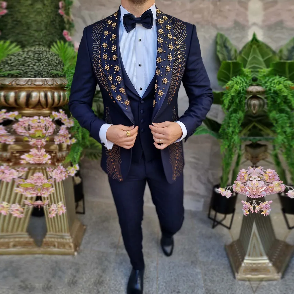 Navy Blue Wedding Suits For Men Golden Beaded Jacket Vest Pants 3 Pieces Formal Groom Tuxedos Custom Made Business Party Dress