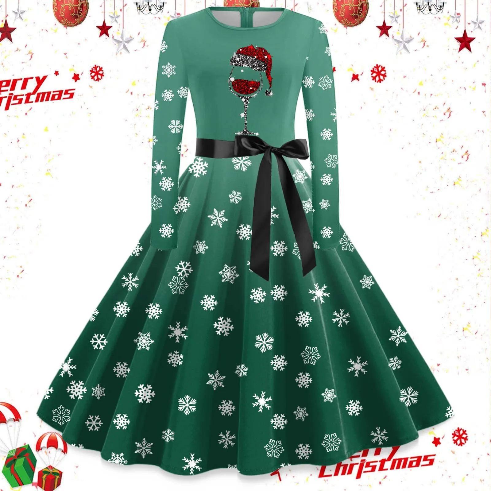 Womens Christmas Print Swing Dress Bow Ribbon Lace-Up Round Neck Long Sleeve Rockabilly Dress Chic Evening Party Prom Costume