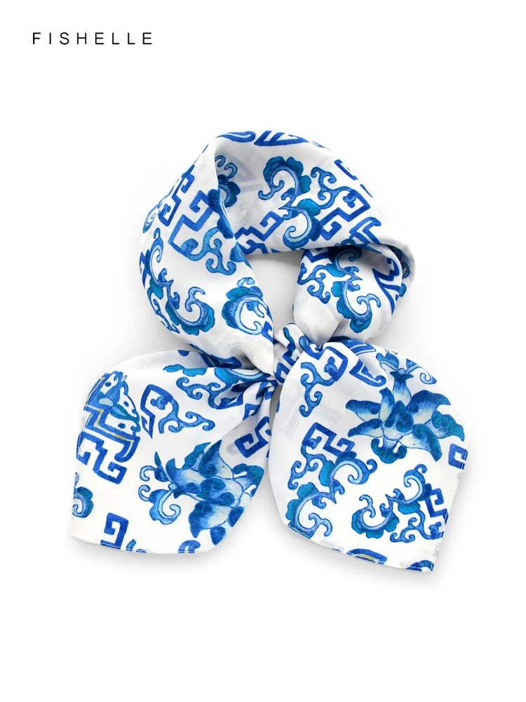 

Blue and white 100% silk scarf crepe de chine wrap shawl square scarfs lady hijab luxury gift headband kerchief
