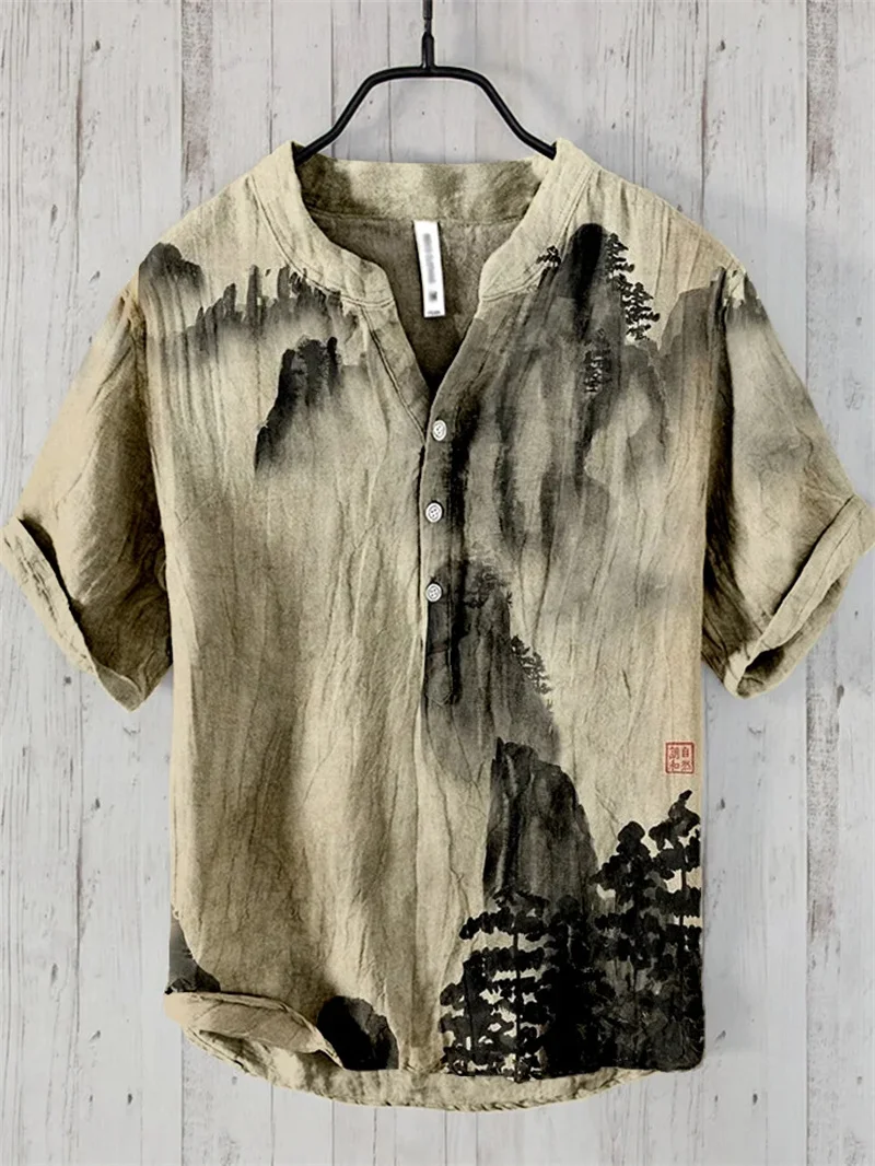 Men's shirt linen 100% V-neck men's casual short-sleeved shirt Fashion new street outdoor retro landscape ink painting shirt