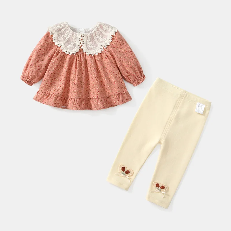 

Korean Style Baby Girls Autumn Clothes Two-Piece Sets Kawaii Small Floral Sweet Doll Collar Long Sleeve Cartoon Casual Outfit