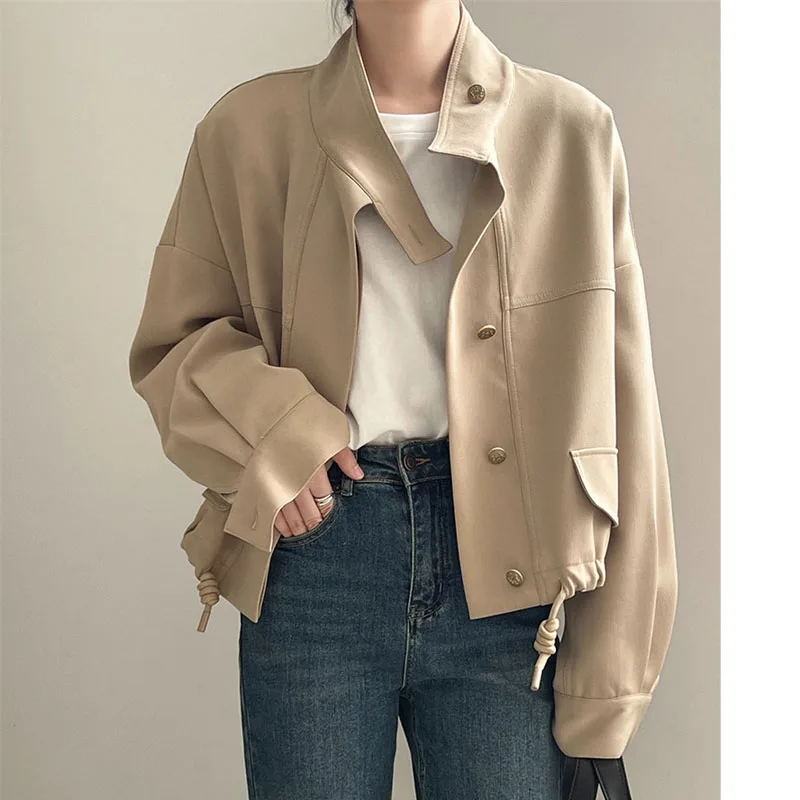 Women Spring Autumn 2024 New Popular high-end Jacket Casual Windbreaker Standing Collar Short Jacket Hem Drawstring Trench Coat