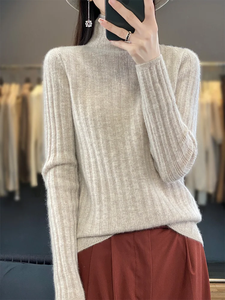 2024 Woman 100% Pure Wool Sweater Turtleneck Slim Knit Pullover Fashion Jacquard Warm Base Shirt Autumn Winter New Inside Blouse