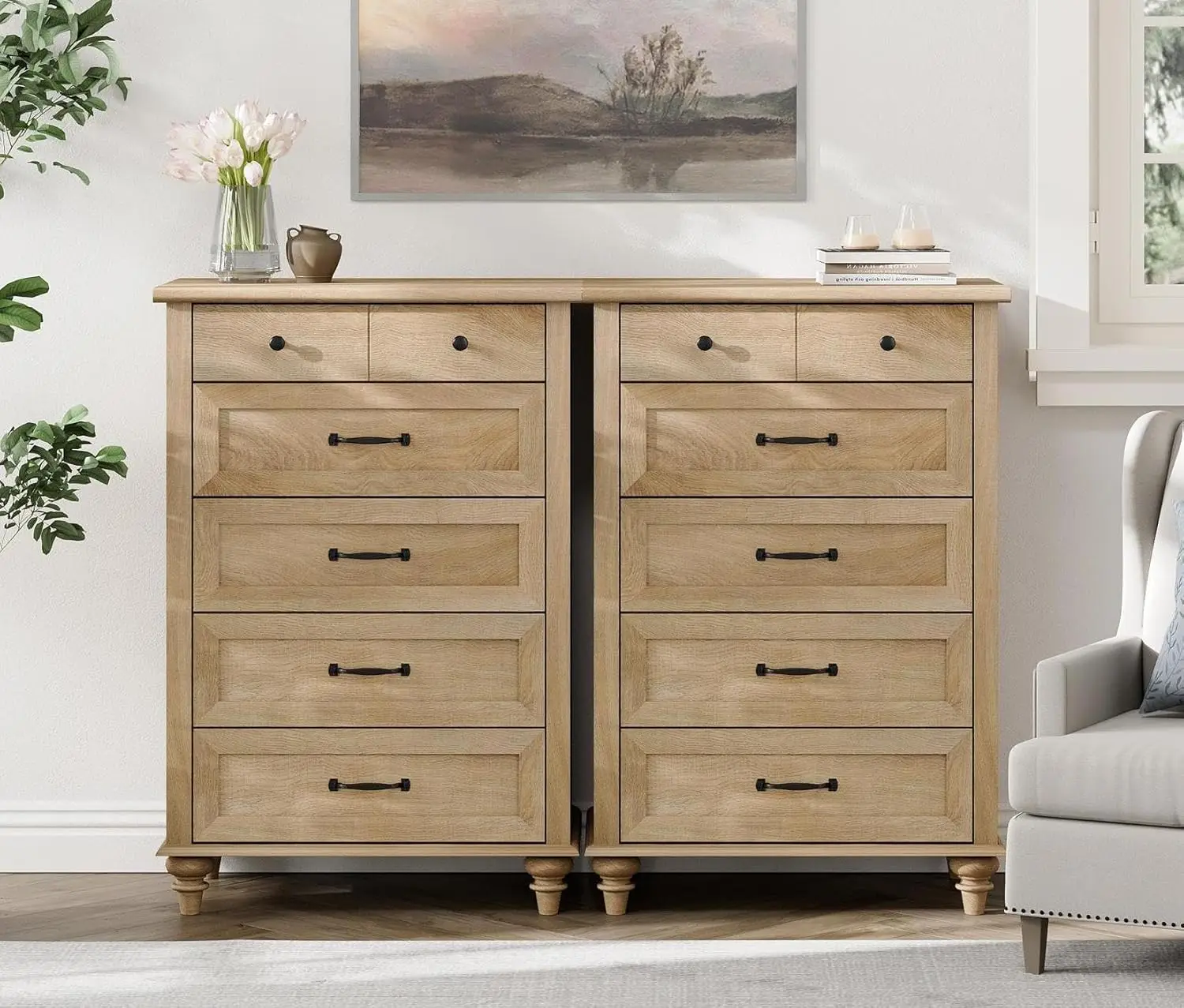 

Wampat Farmhouse Dresser Set For Bedroom With 10 Drawers, Oak Dressers With Wide Chest Of Drawers, Wooden Closet Storage