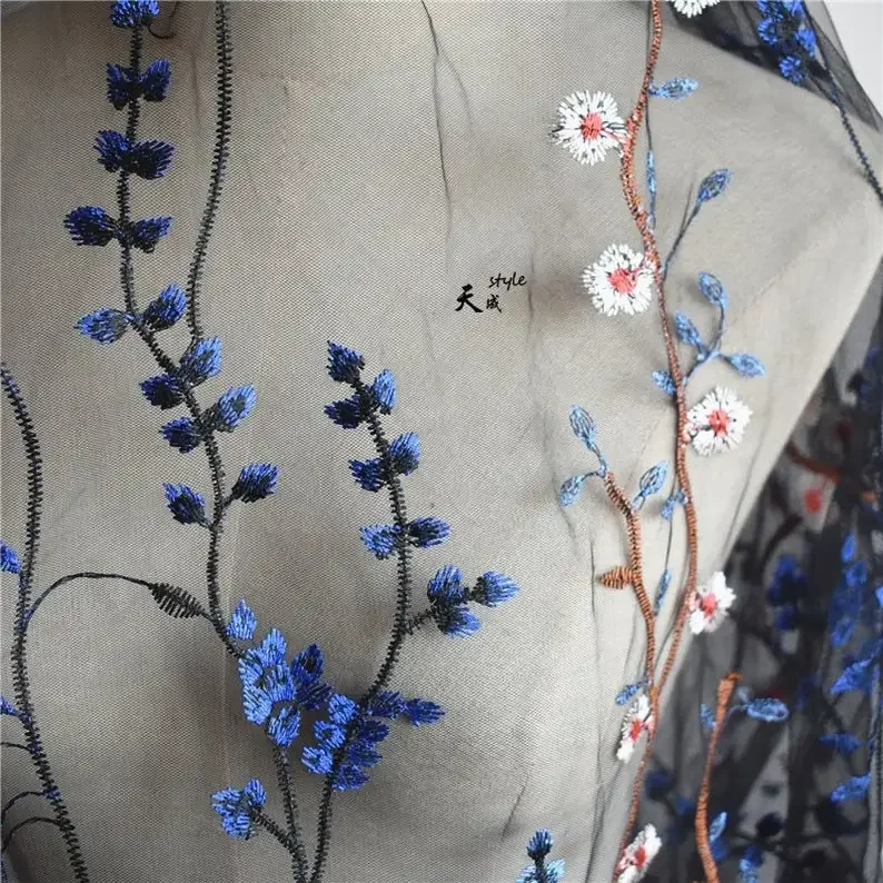 Exquisito tela de encaje bordado con flores azules, tela Floral con flores azules, encaje de boda, tela para vestido de novia, 1 yarda