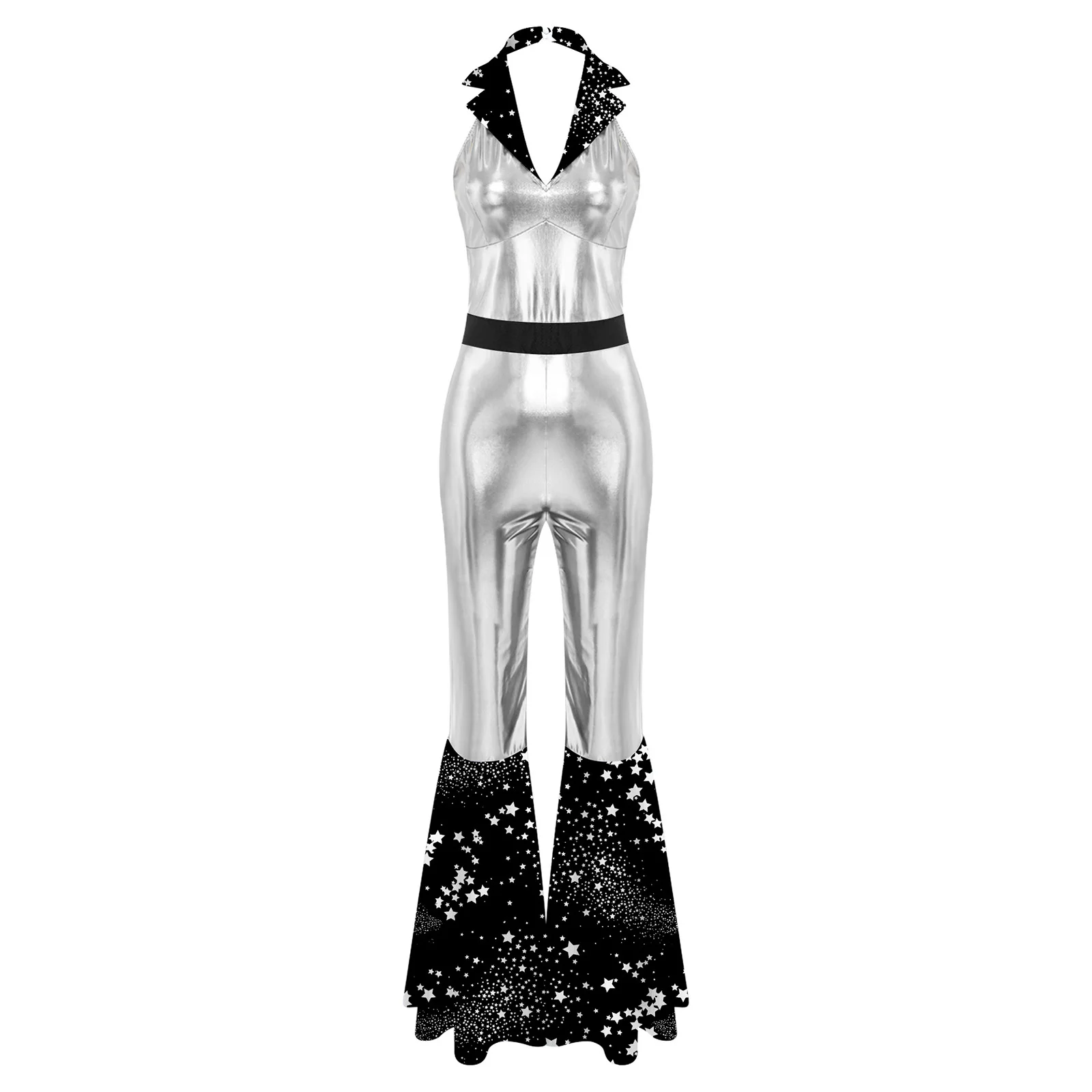 레이디 60년대 70년대 축제 디스코 의상 반짝 이는 점프 슈트 패션 Clubwear 여성 점프 슈트 메탈릭 슬림 피트 풀 바디 바디 슈트