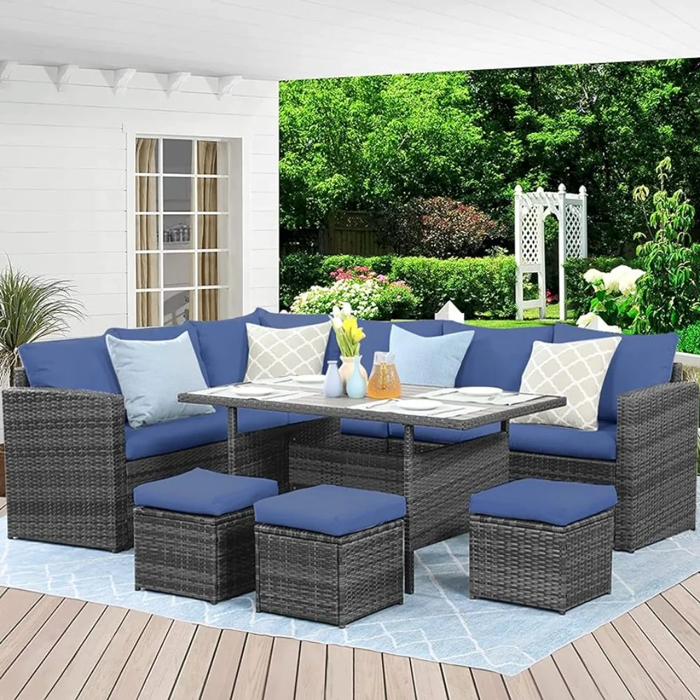 Outdoor Garden Sofa, with Dining Table and Chair Table Chairs Set Garden Furniture, 7 Piece Outdoors Dining Sectional Sofa