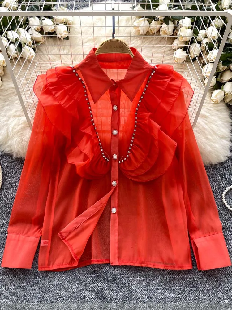 Chic Sexy Ruffles rhinestones shirt for women Club See-through organza long sleeve blouse Solid color Tops 2024 New INKEO 4T192