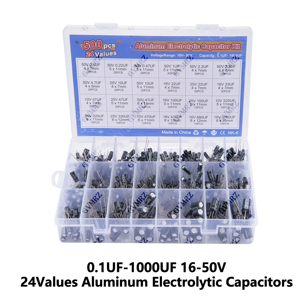 

500 шт./лот, 0,1 мкФ-1000 мкФ, 24 номинала, алюминиевые электролитические конденсаторы, набор электролитических конденсаторов в ассортименте и коробка для хранения, 16-50 В