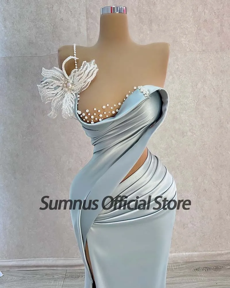 Sumnus-vestido de satén azul claro para graduación, apliques de flores, perlas, cuentas, un hombro, Sexy, abertura alta, vestidos de fiesta de noche