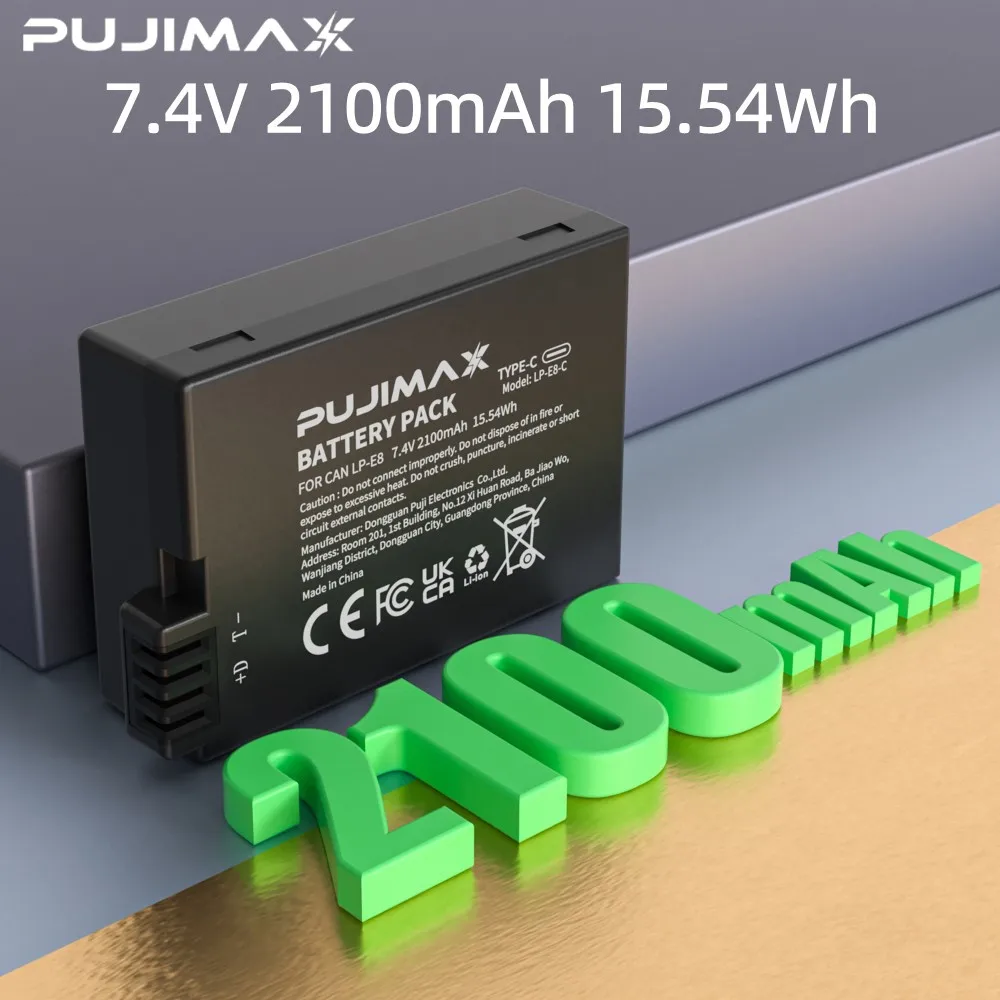 

PUJIMAX 2100mAh LP-E8 Type C Charging Camera Battery for Canon EOS 550D 600D 650D 700D Kiss X4 X5 X6i X7i Rebel T2i T3i T4i