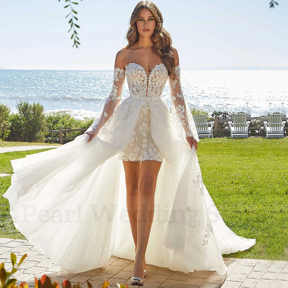 Modern Short Sheath Wedding Dress Sweetheart Applique Mini with Detachable Tulle Sweep Train Sexy Open Back Bridal Gowns