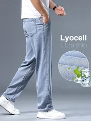 Summer Ultra-thin Men's Jeans Lyocell Soft Breathable Loose Straight Light Blue Denim Pants Business Casual Ice Silk Trousers