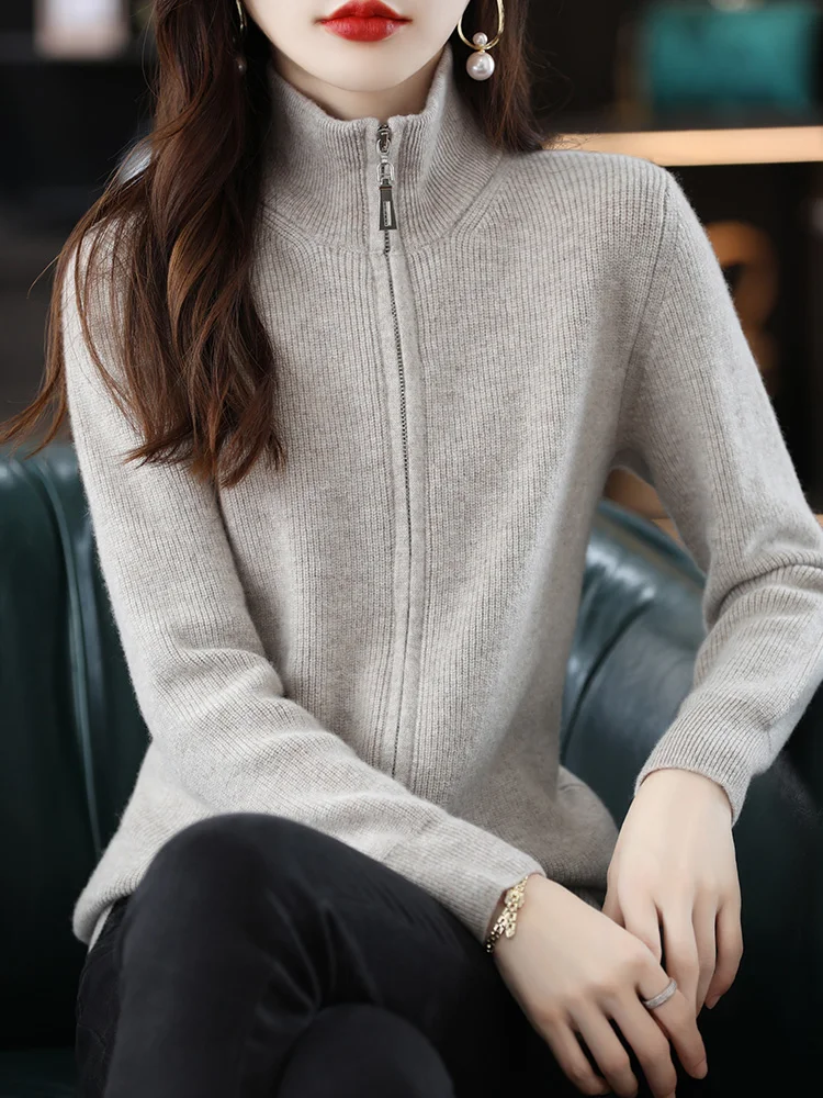 Women's Zipper Cardigan 100% Merino Wool Sweater Autumn Winter Thick Long Sleeve Casual Cashmere Knitwear Korean Fashion Coat
