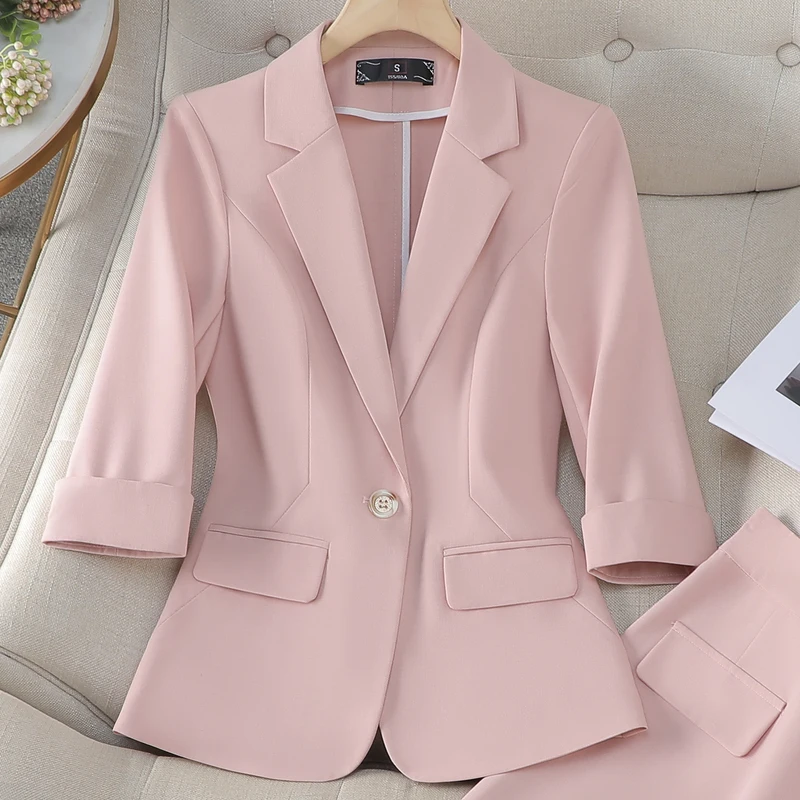 2024 Elegant Skirt Suits Women Ladies New Formal Pink Apricot Khaki 3/4 Sleeve Solid  Blazer Two Piece Set Office Suit