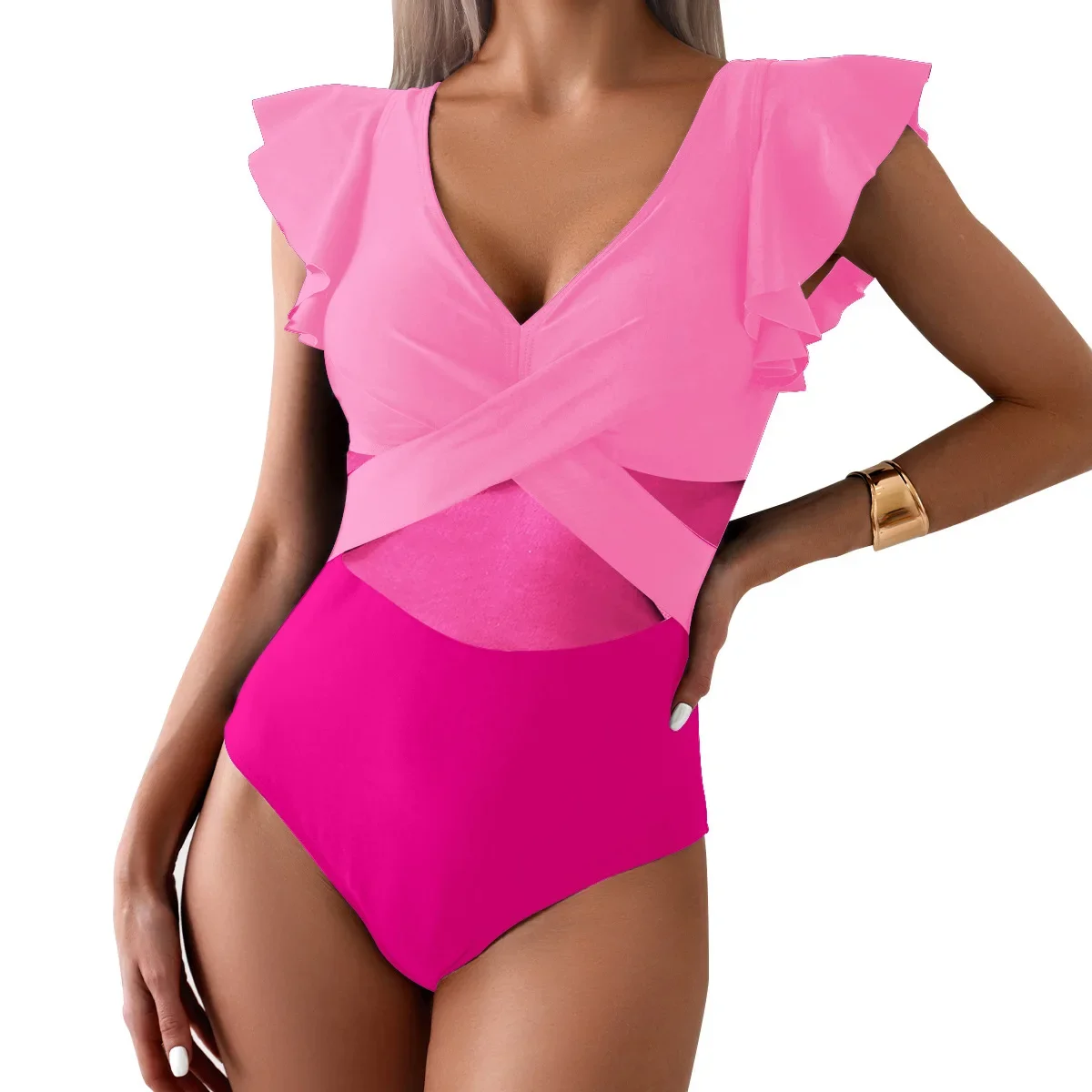 Bañador unicolor de una pieza para mujer, Monokinis con volantes y cuello en V profundo, novedad de verano 20224, traje de baño de retazos de malla para playa, traje de baño para mujer