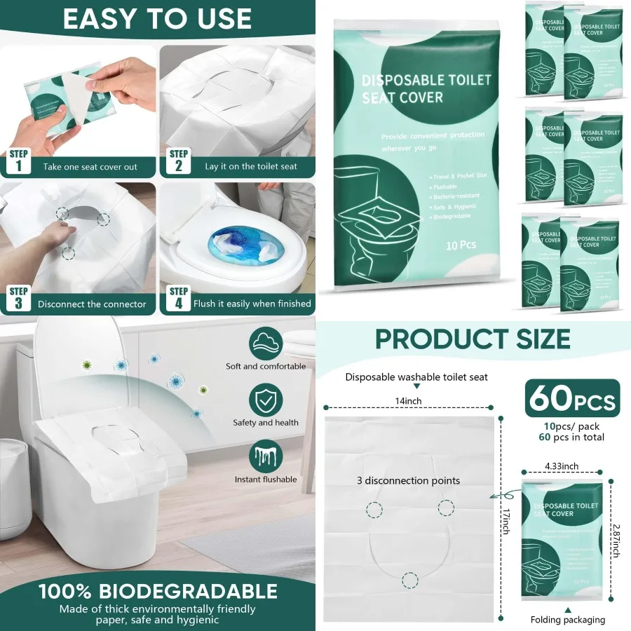 

60 Pcs Disposable Flushable Paper Toilet Seat Covers Travel Supplies Essentials for Airplane Public Restrooms Bathroom Hotels C