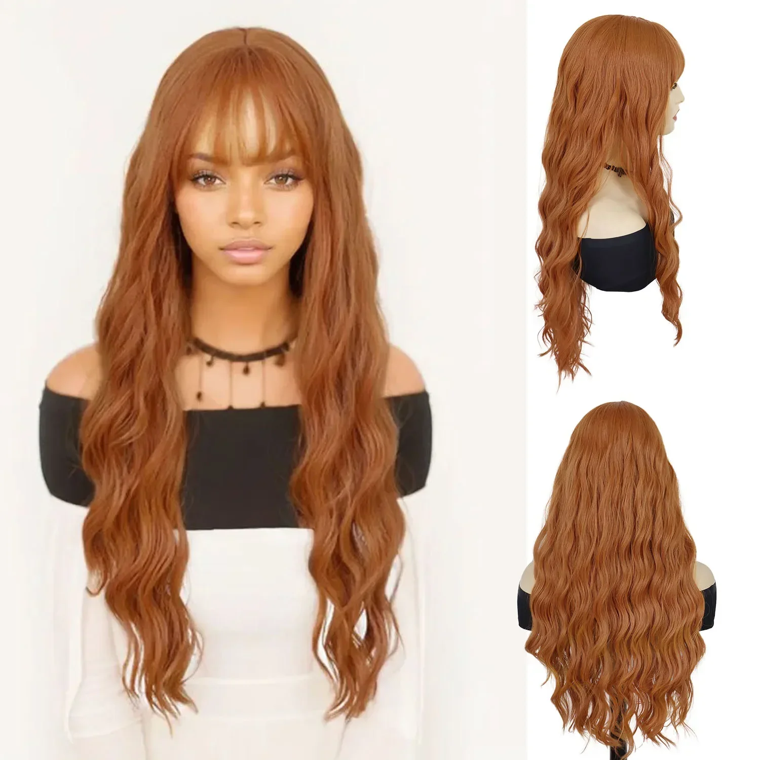 

Synthetic Orange Cosplay Wigs Long Water Wavy Women's Ginger Wig with Bangs Girls Halloween Costume Carnival Party Christmas Use