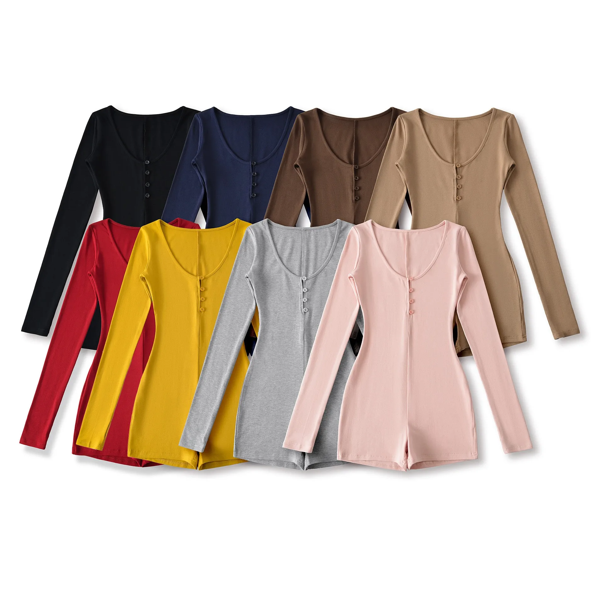 

Autumn Women's Clothing Long Sleeve Button Jumpsuit Elegant High Waist Rompers For Woman Polyester Knit Three Quarter Pants